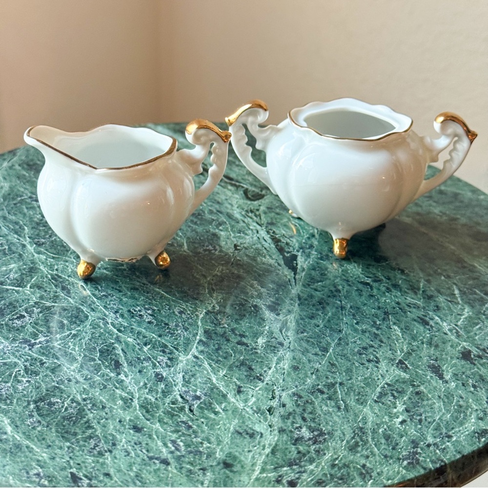 Vintage Decor Lefton China Miniature Sugar and Creamer Set (no lid) Footed Gold